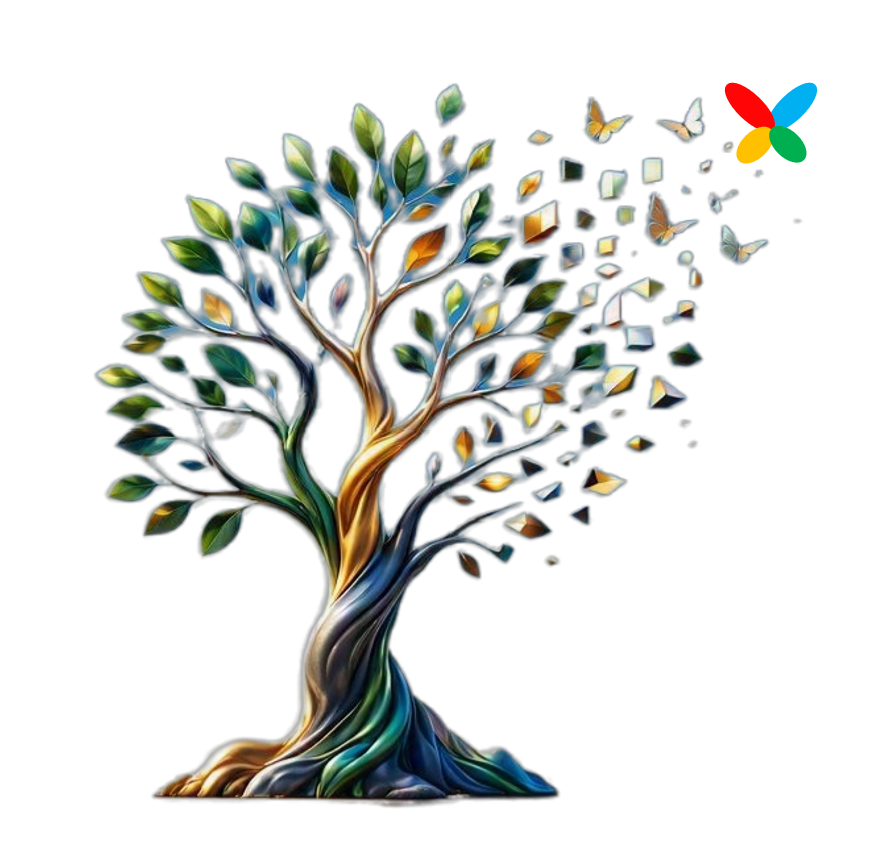 An illustrated tree releasing leaves that transform into the Axgile mark